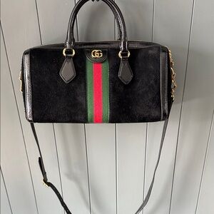 Gucci Black Suede Shoulder Bag with Green and Red Stripe